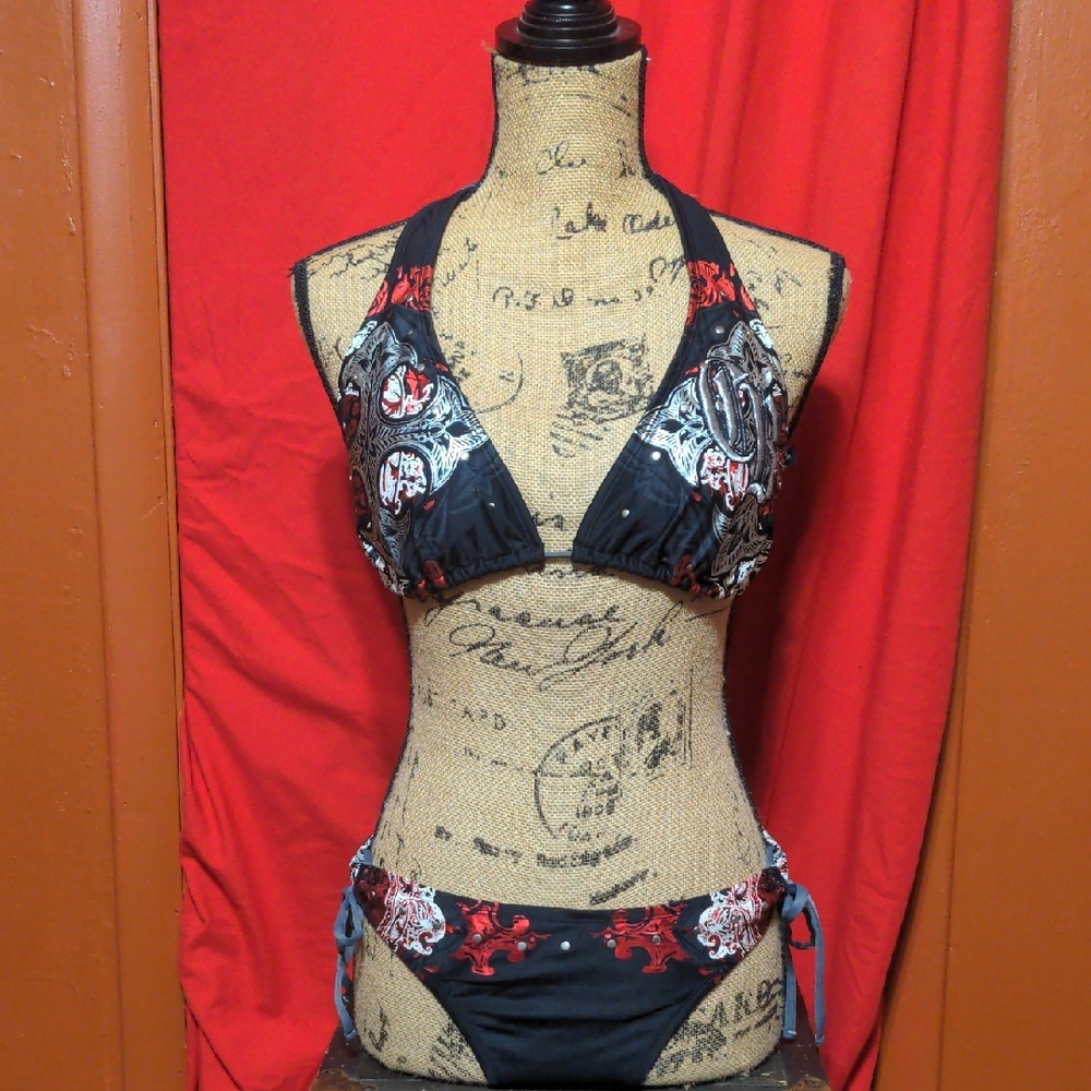 Crash and Burn Black Bikini with Red and White Design